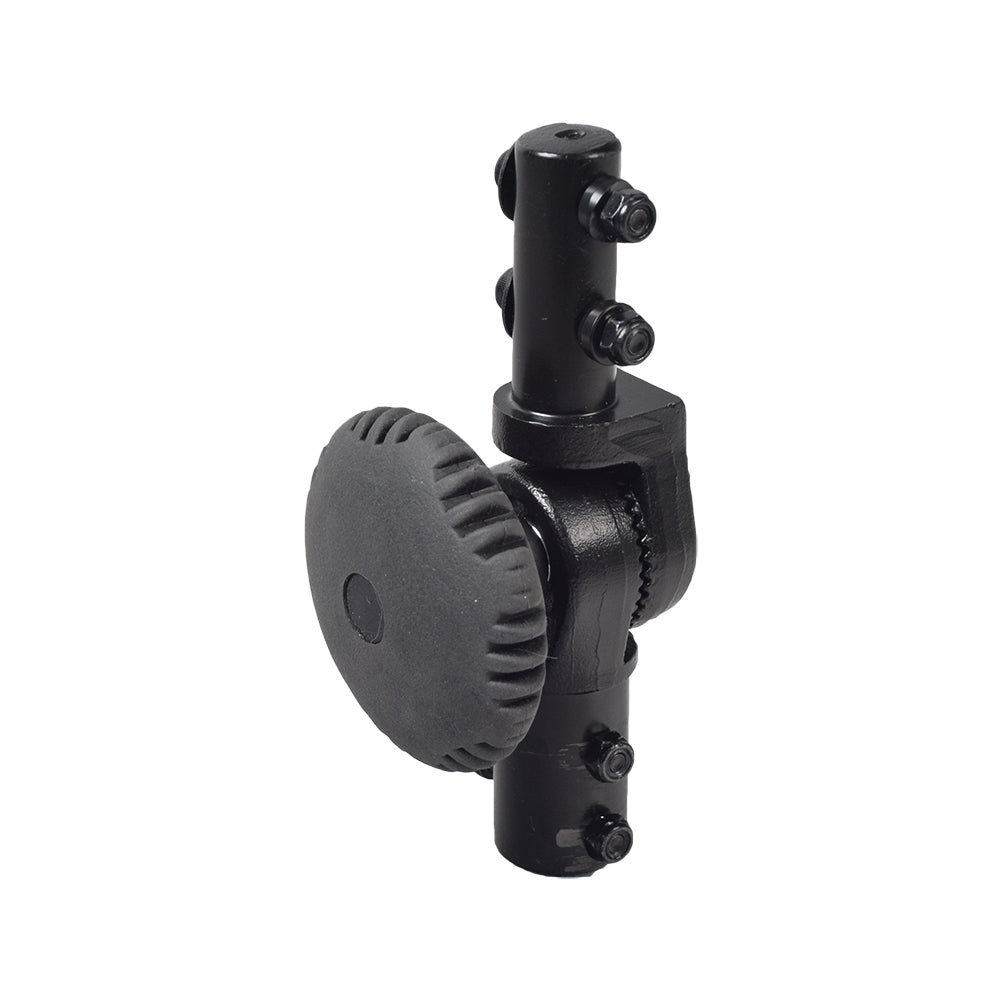 Tiller Swivel Assembly for Drive Medical Phoenix Series Scooters, featuring a black metal object with a round handle and a close-up of a black rubber wheel for comfortable adjustment.