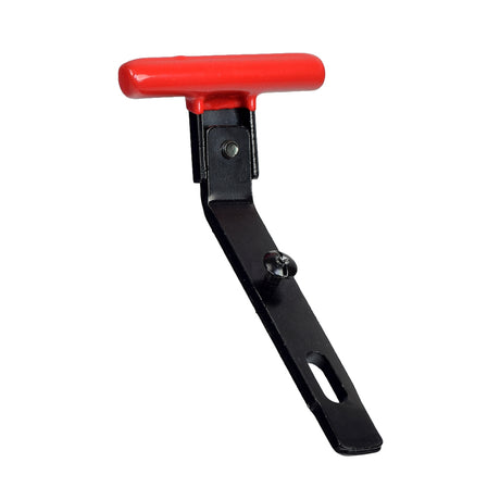 T-Handle Frame Lock for Drive Medical Phoenix Series Scooters, featuring a close-up of the red handle and black metal bracket with a screw, used for unlatching the rear frame.