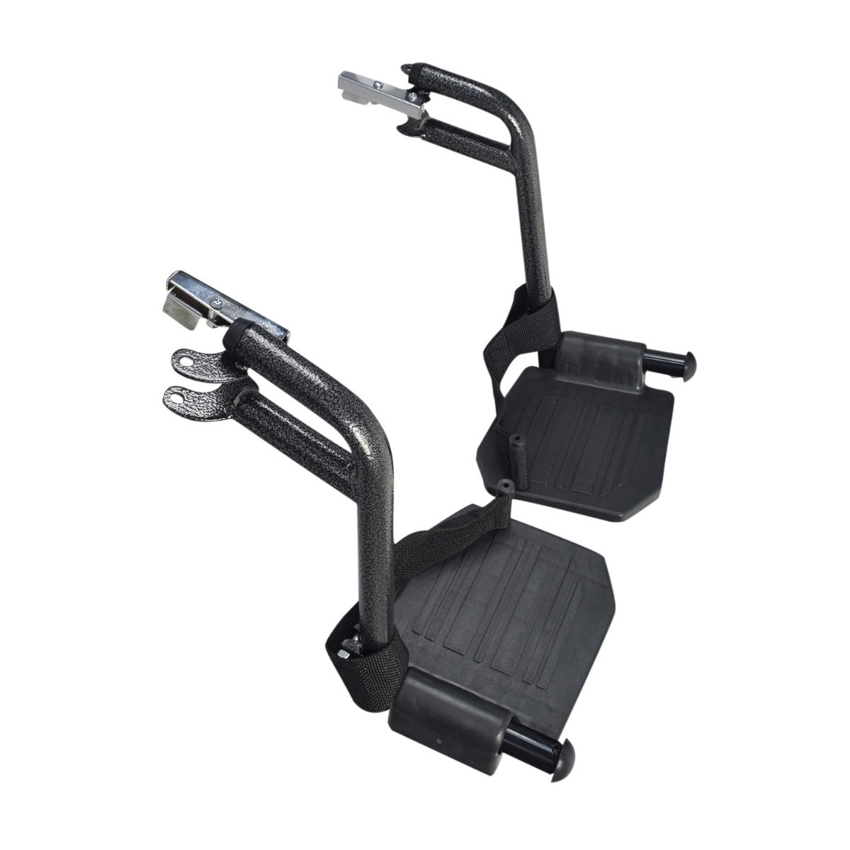 Footrest Assembly Set (Left & Right) for the Drive Medical Steel Transport Chair (TR39E-SV), featuring metal pedals with pivoting footplates, heel straps, and quick-release latches on a black metal stand.