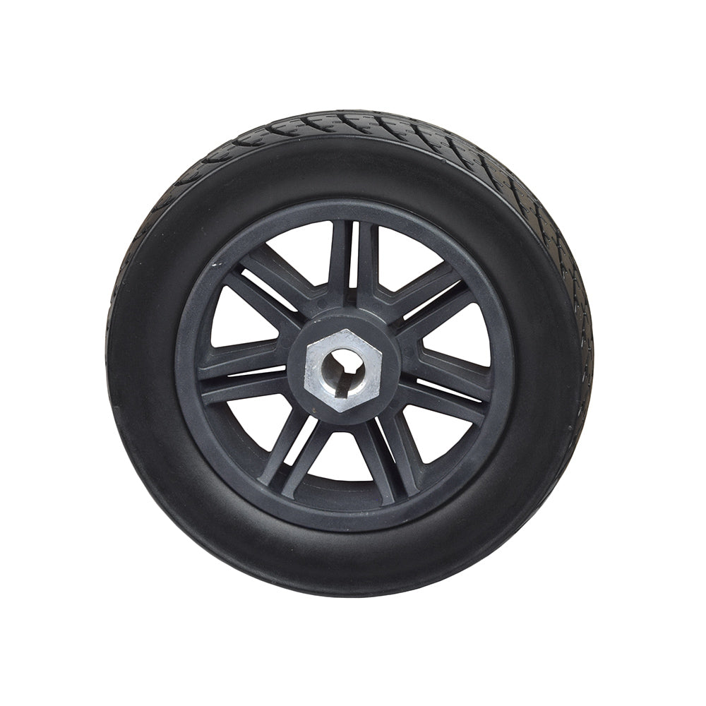 8x2 (200x50) Flat-Free Rear Wheel Assembly for the Drive Scout DST 3 & Scout DST 4, showcasing a solid black tire with a central hub nut, ideal for outdoor and indoor use.