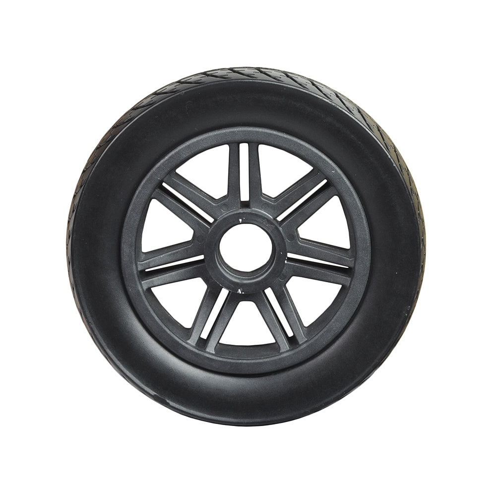 8x2 (200x50) Flat-Free Front Wheel Assembly for the Drive Scout DST 4, featuring a black heavy tread tire molded onto a black rim, designed for mobility scooters.