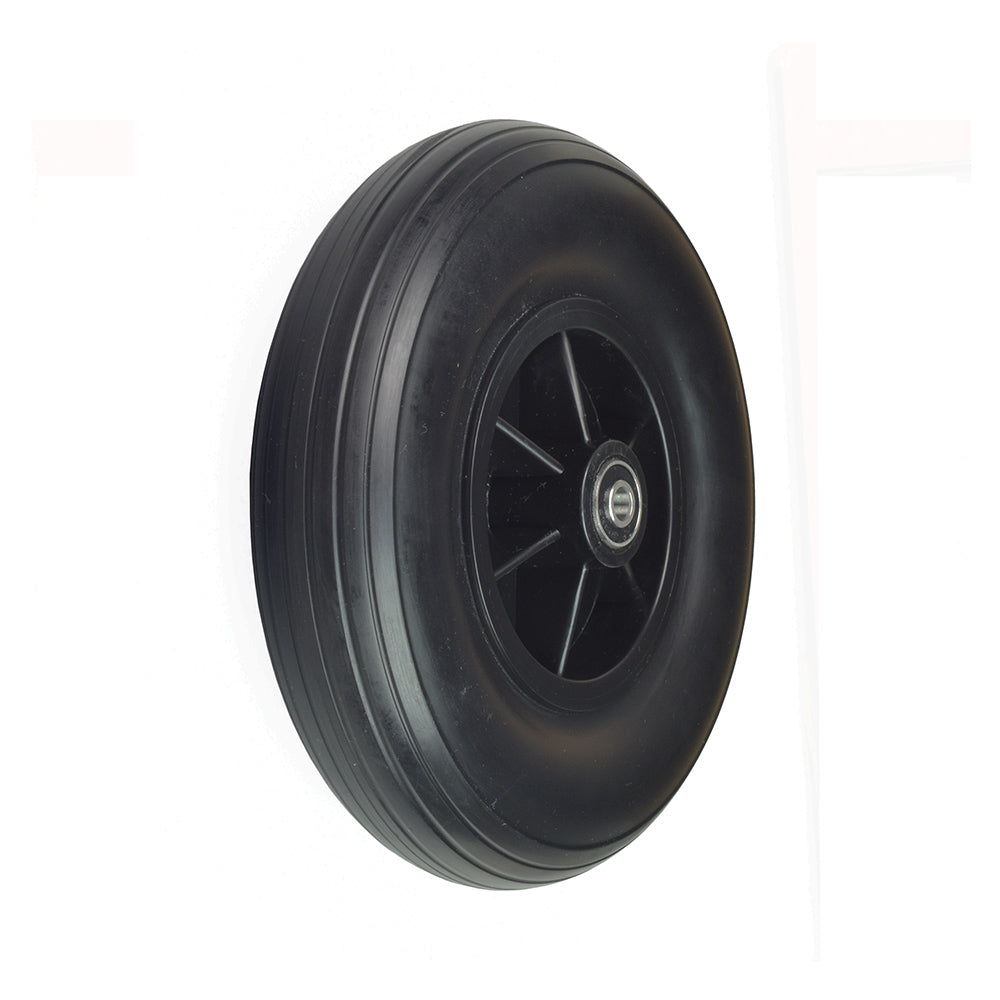 8x2 solid rear caster wheel for the Drive Medical Trident power chair, featuring a black tire with a metal center, designed for flat-free, dependable performance with bearings pre-installed.