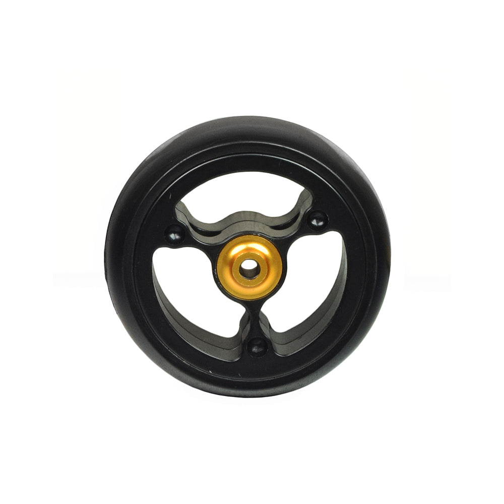 Anti-tip wheel for the Drive Medical Trident & Trident HD, featuring a robust black rim with a gold center, designed to enhance stability and safety for power chairs.