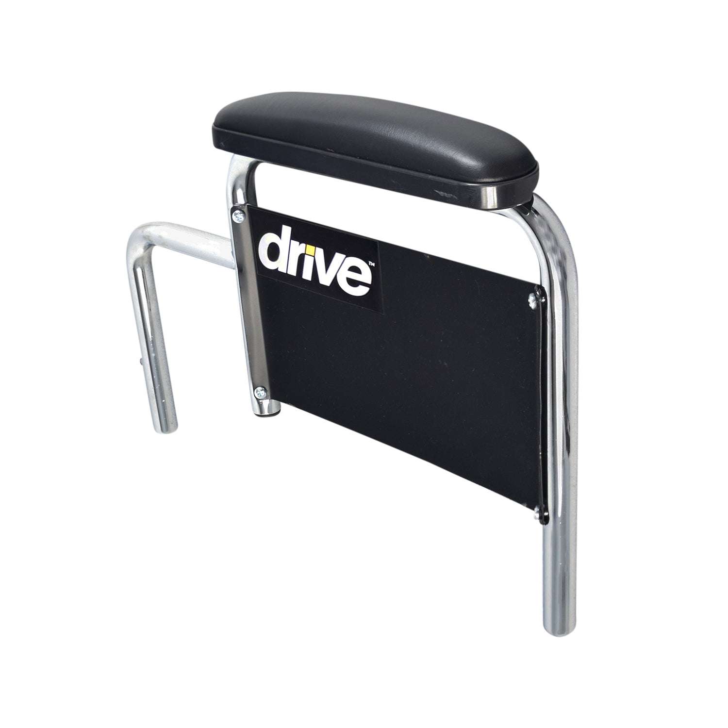 Desk Length Armrest Assembly for the Drive Medical Bariatric Sentra EC HD XX-Wide Wheelchair, featuring a black seat with a metal frame, textured vinyl pads, and black side guards.