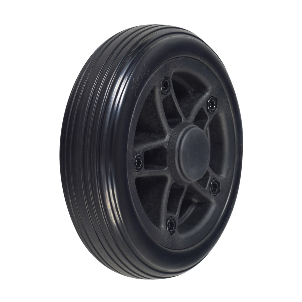 6 Front Wheel Assembly for the Drive ZooMe Flex & ZooMe Auto-Flex mobility scooters, featuring a solid, flat-free black tire with a sturdy black rim, highlighting its durability and reliability.