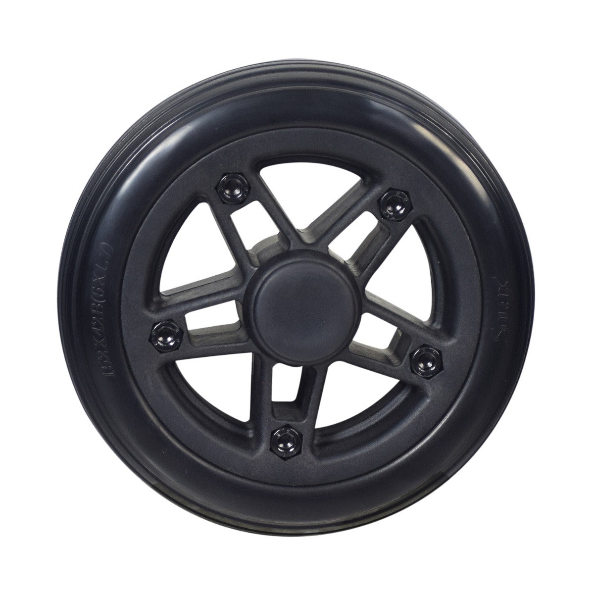 6 Front Wheel Assembly for the Drive ZooMe Flex & ZooMe Auto-Flex, featuring a solid black rim and hexagon center for flat-free, dependable mobility.