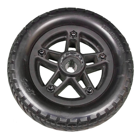 7 Rear Wheel Assembly for the Drive ZooMe Flex & ZooMe Auto-Flex, featuring a black wheel with a metal rim, ideal for replacing worn-out wheels on mobility scooters.