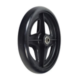 7 Front Wheel for the Drive Medical R728 Rollator, featuring a solid black tire, 4-spoke rim, and metal center with 608ZZ bearings, designed specifically for front use and not interchangeable with rear wheels.