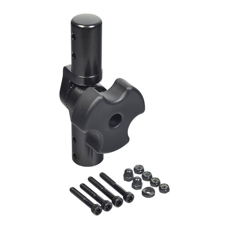 Tiller Swivel Assembly for Drive Spitfire Scout & Scout DLX, featuring a black metal structure with screws, a round hole, and a user-friendly knob for adjusting the tiller's angle.