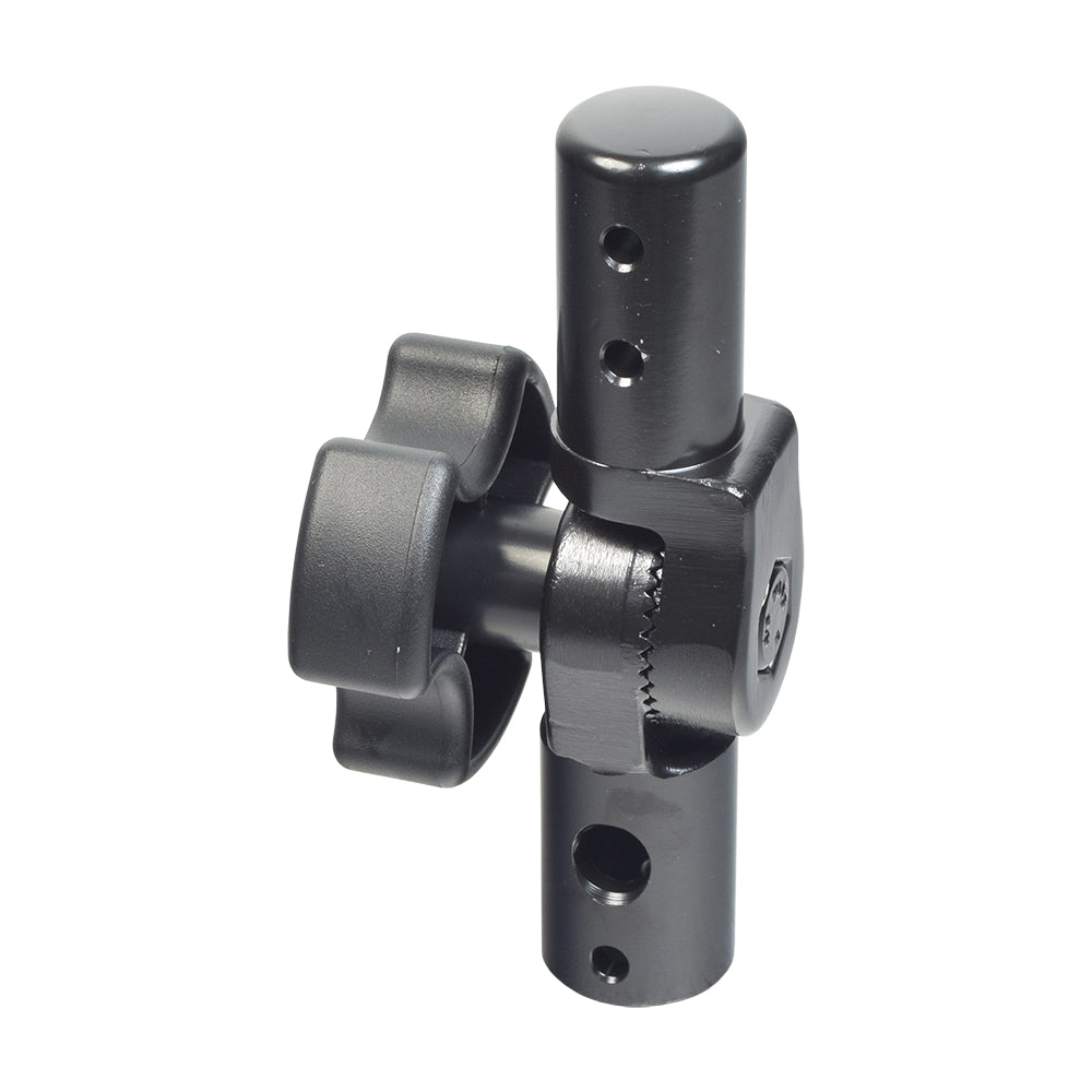 Tiller Swivel Assembly for Drive Spitfire Scout & Scout DLX, featuring a black cylindrical metal object with holes, a central pivot bolt, a round knob, and ratchet sections for angle adjustment.