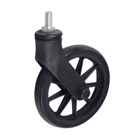 Front Caster Assembly for Drive Medical Rollator with 6 Wheels (R800) and Aluminum Rollator with 6 Casters (R726), featuring a black wheel with a black plastic handle and metal nut.