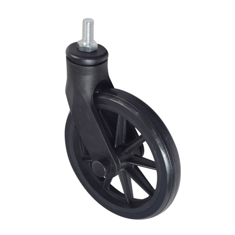 Front Caster Assembly for the Drive Medical Rollator with 6 Wheels, showing a black wheel with a central bolt and metal nut, essential for maintaining scooter and power chair mobility.