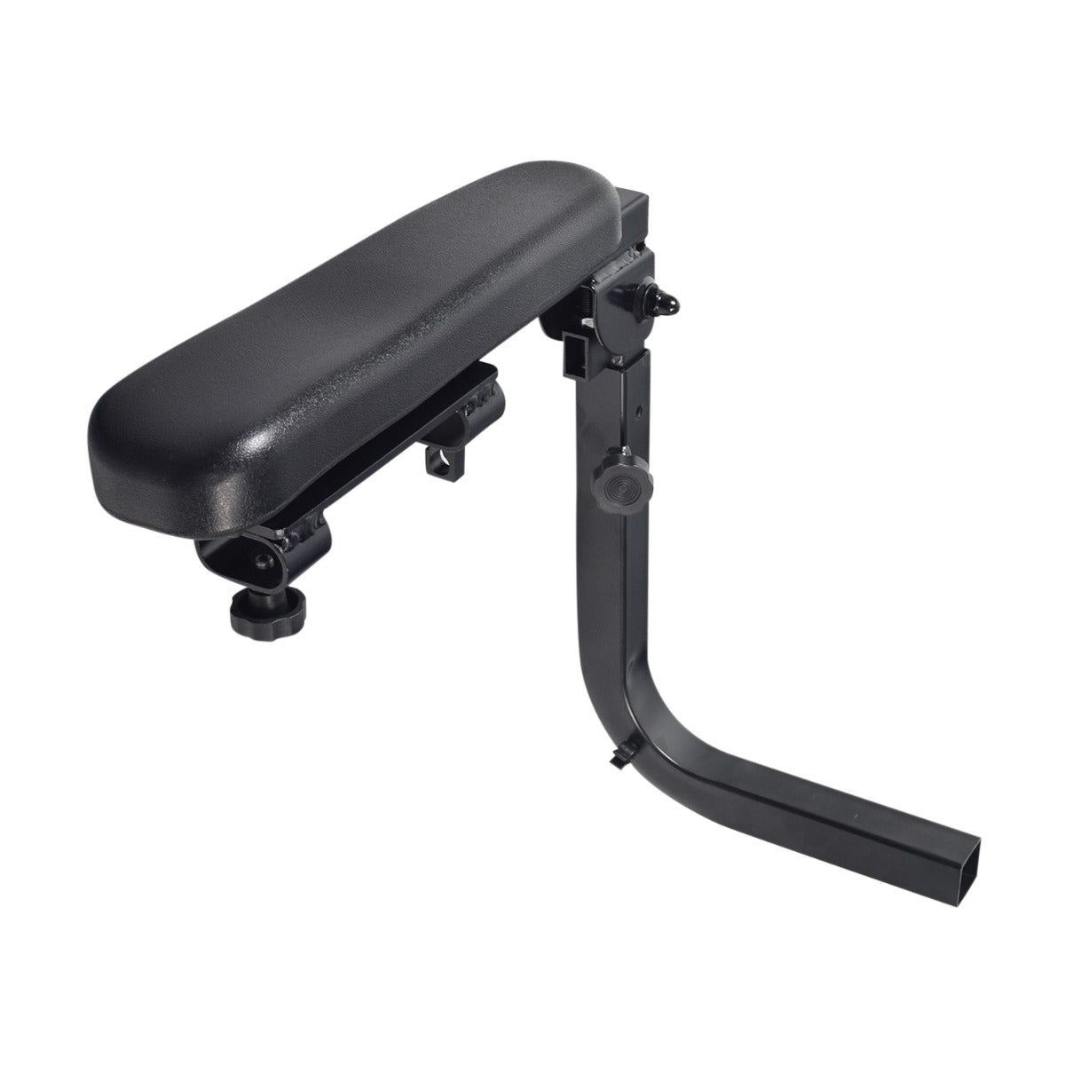 Armrest Assembly for Drive Medical Trident HD showing a black padded armrest with steel adjustable brackets, designed for heavy duty power chairs.