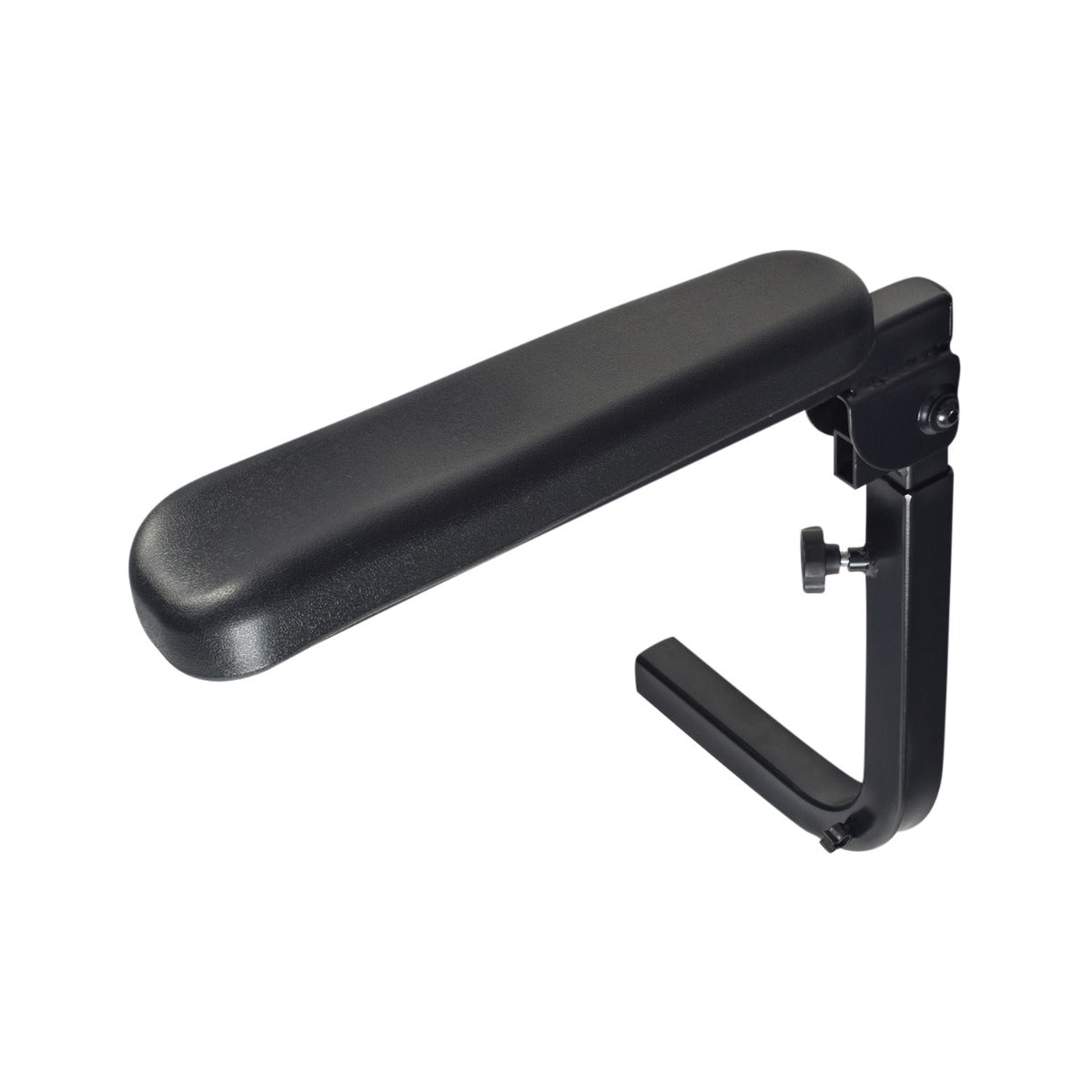 Armrest Assembly for Drive Medical Trident HD, featuring a black padded surface with adjustable and removable steel brackets, designed to replace worn armrests on heavy duty power chairs.