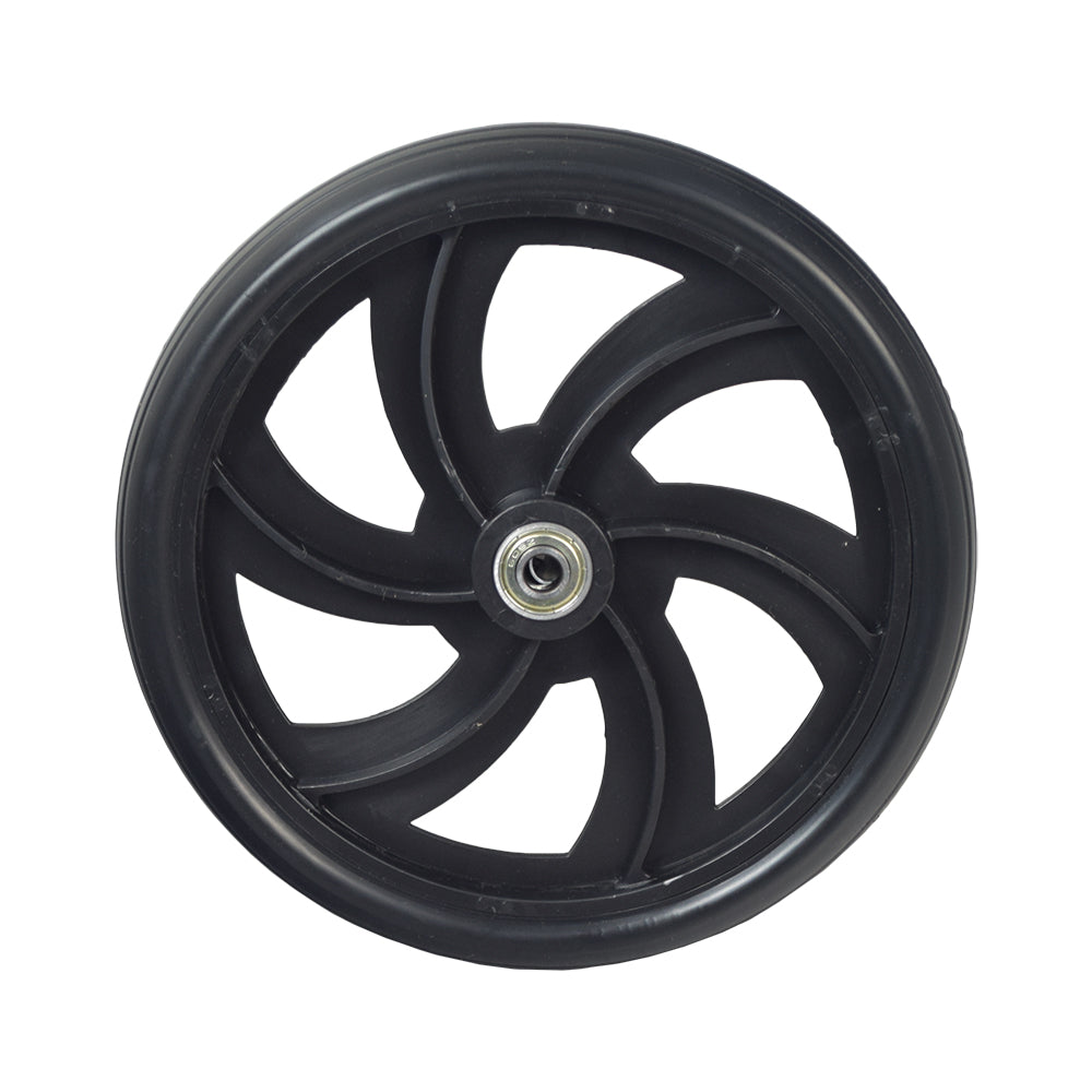 Caster Wheel for the Drive Medical Durable 4-Wheel Rollator (10257) featuring a black solid flat-free design with a central metal hub, suitable for either front or back, left or right installation.