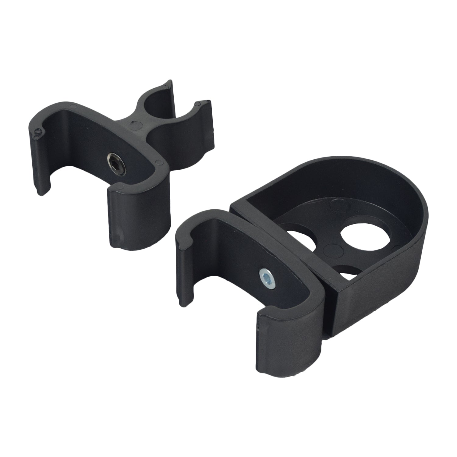 Cane Holder for the Drive Medical Nitro Rollator, a black plastic accessory with multiple holes and a screw, designed to securely attach and hold canes on mobility aids.