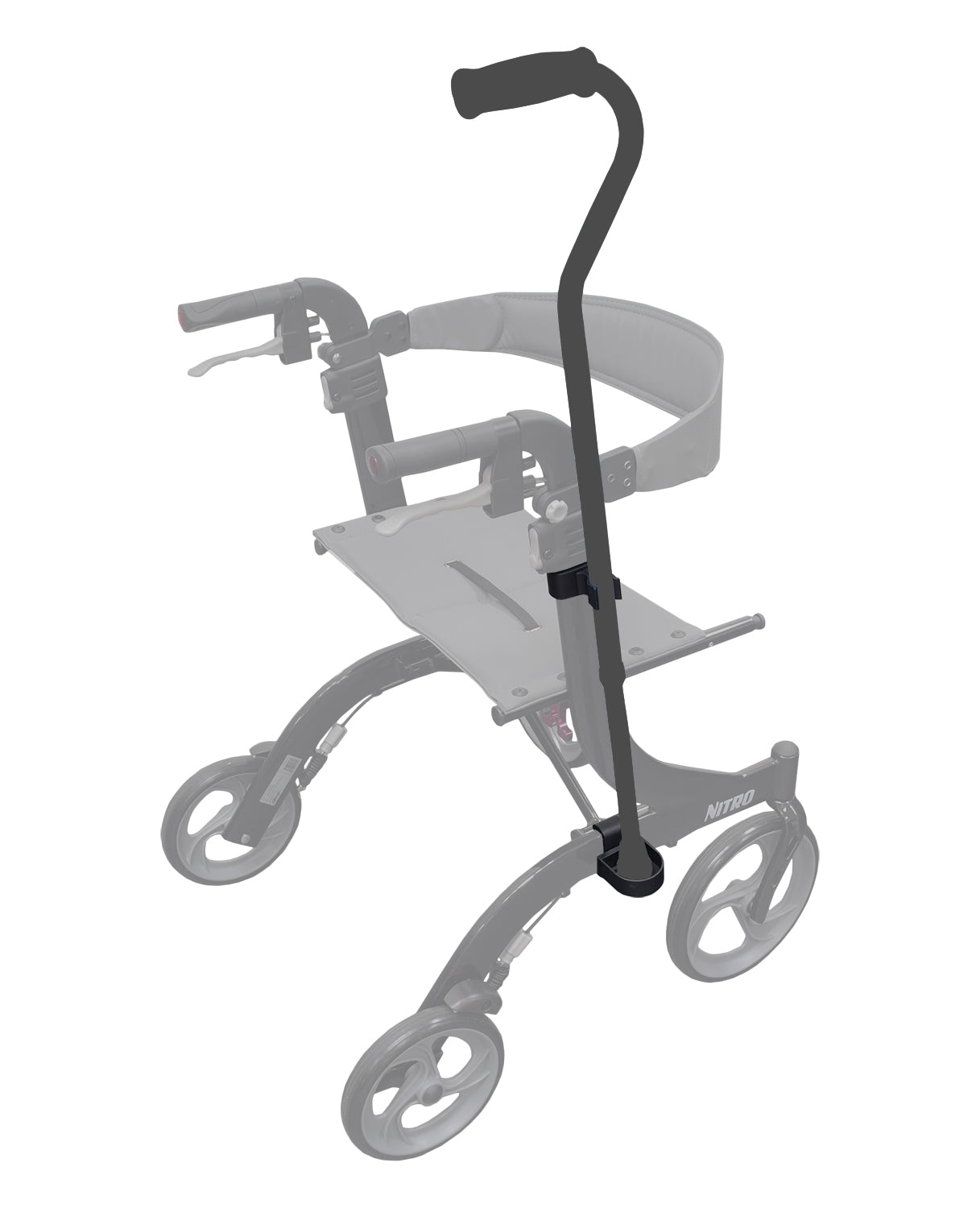 Cane Holder for the Drive Medical Nitro Rollator, featuring close-up views of the attachment mechanism and wheels. This holder ensures secure mobility aid storage on the rollator.