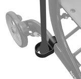 Close-up of the Cane Holder for the Drive Medical Nitro Rollator, attached to a metal frame, showcasing the holder's black plastic construction.