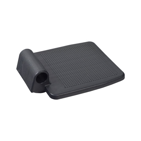 Universal Footplate for the Drive Medical Blue Streak Wheelchair, a black square footplate with a central hole, designed for enhanced grip and safety on the footrest assembly of manual wheelchairs.