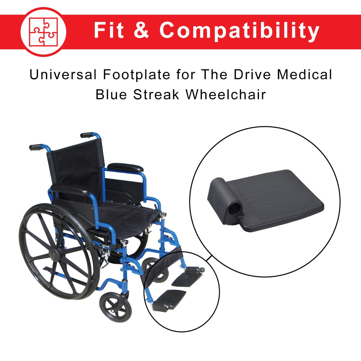 Universal Footplate for the Drive Medical Blue Streak Wheelchair, featuring a textured surface for enhanced grip and safety, compatible with various manual wheelchairs and fitting either side of the footrest assembly.