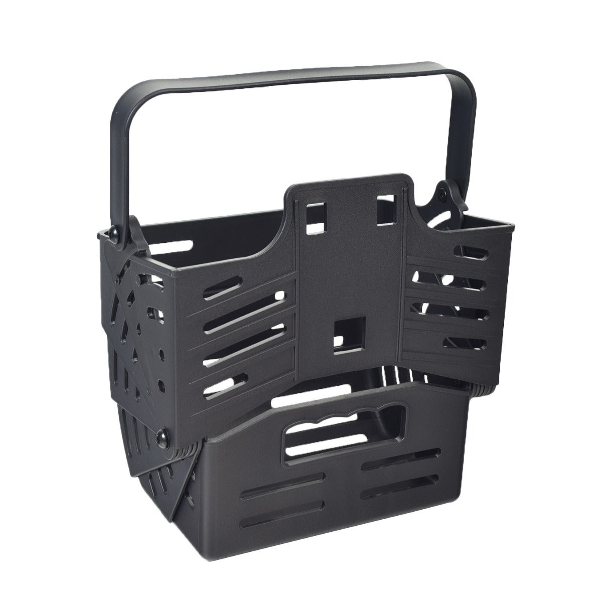 Lift-Off Front Basket for the Drive ZooMe Auto-Flex, a black plastic basket with a handle, designed to fold flat against the tiller when not in use, ideal for carrying personal items.