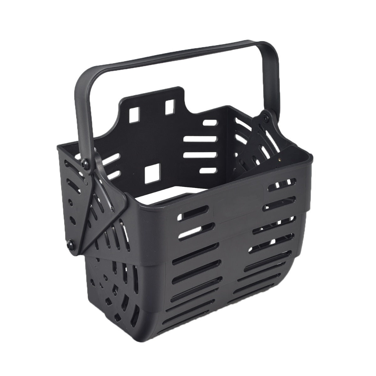 Lift-Off Front Basket for the Drive ZooMe Auto-Flex, a black plastic basket with a handle, designed to fold flat against the tiller when not in use, ideal for carrying various items.