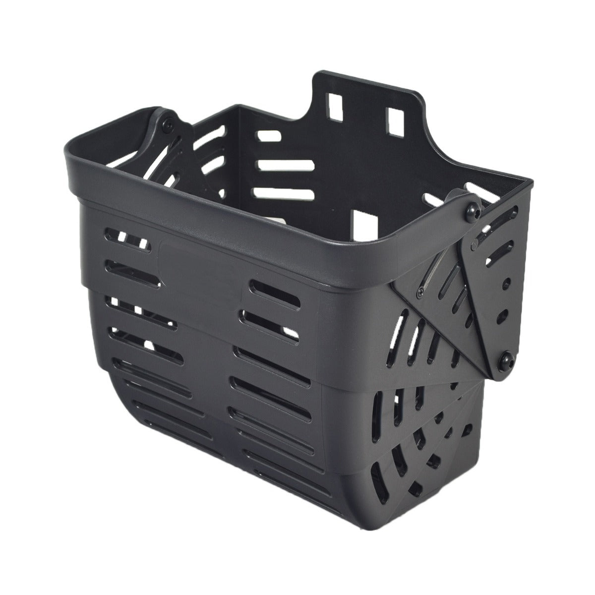 Lift-Off Front Basket for the Drive ZooMe Auto-Flex, a black plastic basket with holes designed to fold flat against the tiller, ideal for carrying bags, jackets, and groceries.