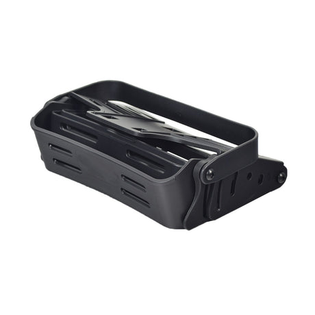 Lift-Off Front Basket for the Drive ZooMe Auto-Flex, a black plastic container with a handle, designed to fold flat against the tiller for convenient storage when not in use.