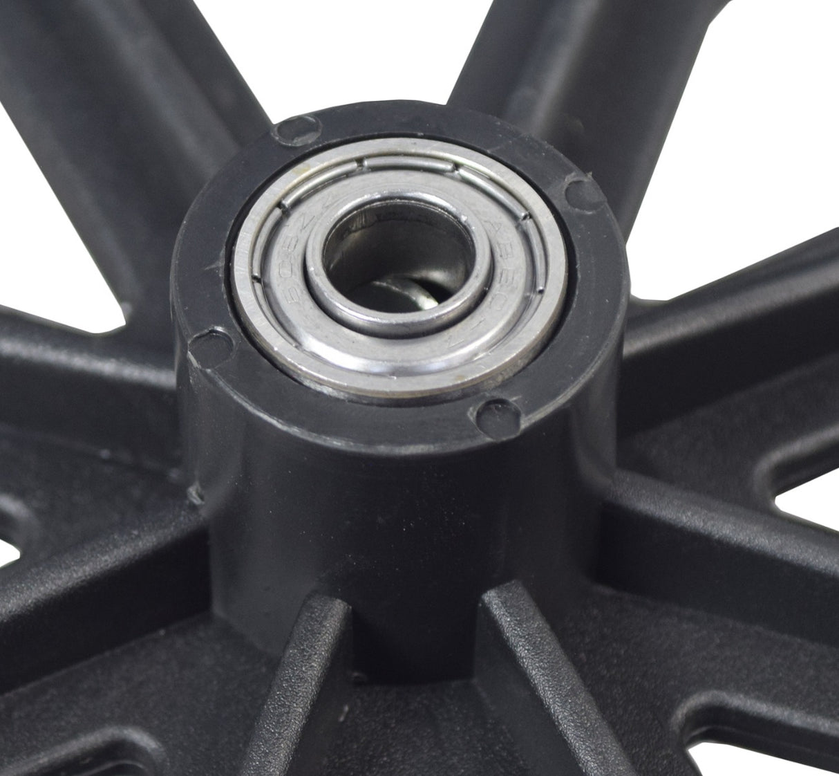 Close-up of the Rear Caster Wheel for Drive Medical Adult Knee Walker, Go-Lite Bariatric Steel Rollator, & Cirrus IV Wheelchair, showcasing the black plastic and metal components with pre-installed 608ZZ bearings.