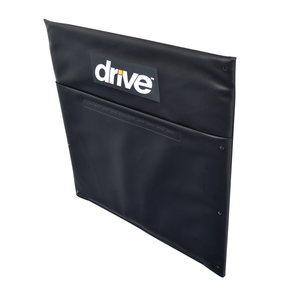 Seat Back Upholstery for Drive Medical Silver Sport 2 & Chrome Sport Wheelchairs, featuring a black leather surface with a white logo and a convenient pouch on the back.