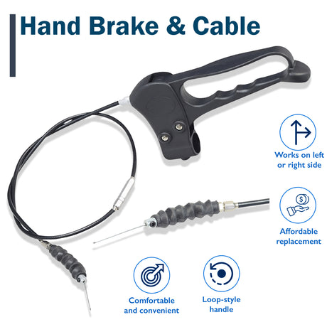 Hand Brake & Cable for the Drive Medical Durable 4-Wheel Rollator (10257), featuring a black plastic handle with screws and a close-up of the cable, showcasing its loop handles.