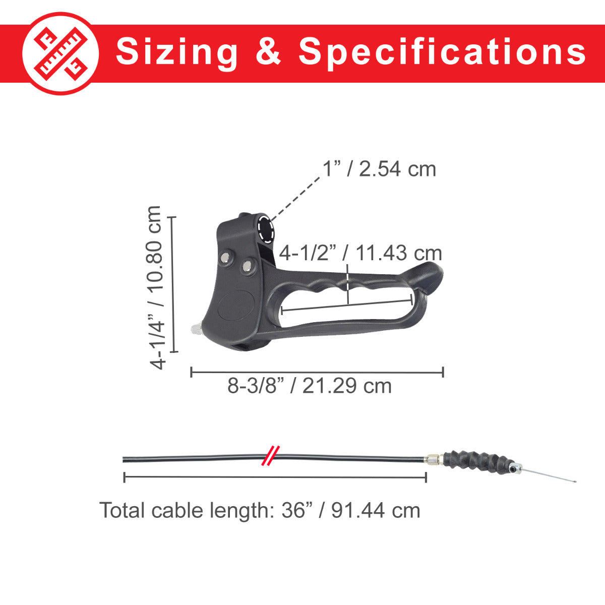 Hand Brake & Cable for the Drive Medical Durable 4-Wheel Rollator (10257), featuring a diagram of the cable, black handle with measuring tape, and comfortable loop handles for both sides.