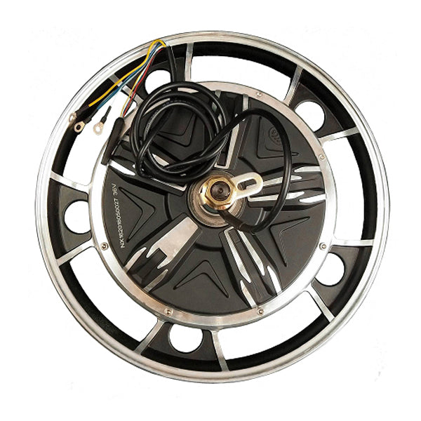 Front Rim & Hub Motor for the Drive ZooMe 3, featuring a black and silver design with integrated wires, housed within a 16x2-1/2 wheel, showcasing its brushless, gearless hub motor.