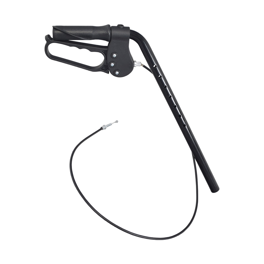 Left Handlebar Brake Assembly for the ProBasics Aluminum Transport Rollator, featuring a black metal handle with a wire and a metal tip, essential for maintaining your mobility equipment.