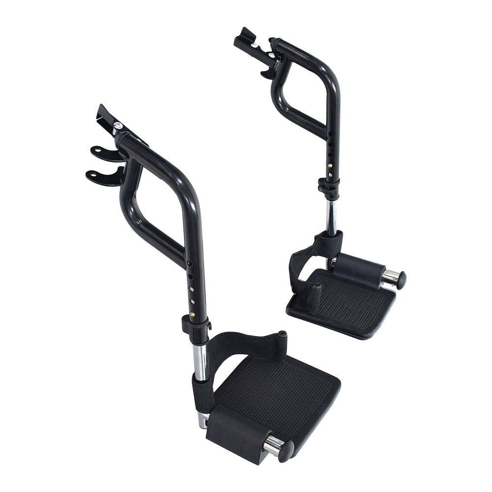 Swing-Away Footrest & Leg Rest Assembly for Wheelchairs (Set of 2) featuring black metal handles, adjustable height, and removable heel loops, designed to replace wheelchair parts efficiently.