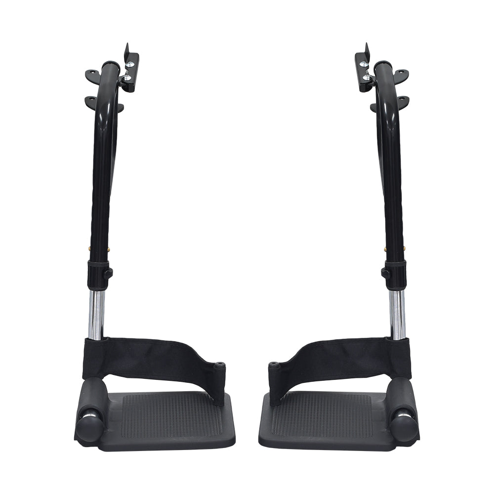 Swing-Away Footrest & Leg Rest Assembly for Wheelchairs (Set of 2) featuring black metal legs, height-adjustable tubes with push-in ball detent holes, and removable heel loops.