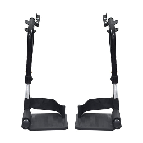 Swing-Away Footrest & Leg Rest Assembly for Wheelchairs (Set of 2) featuring black metal legs, height-adjustable tubes with push-in ball detent holes, and removable heel loops.