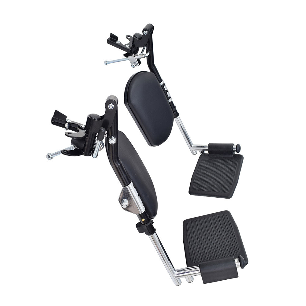 Drive Medical Style Elevating Footrest & Leg Rest Assembly (Set of 2), featuring adjustable height, swing-away mechanism, and removable heel loops, attached to a metal bar with six push-in ball and detent holes.