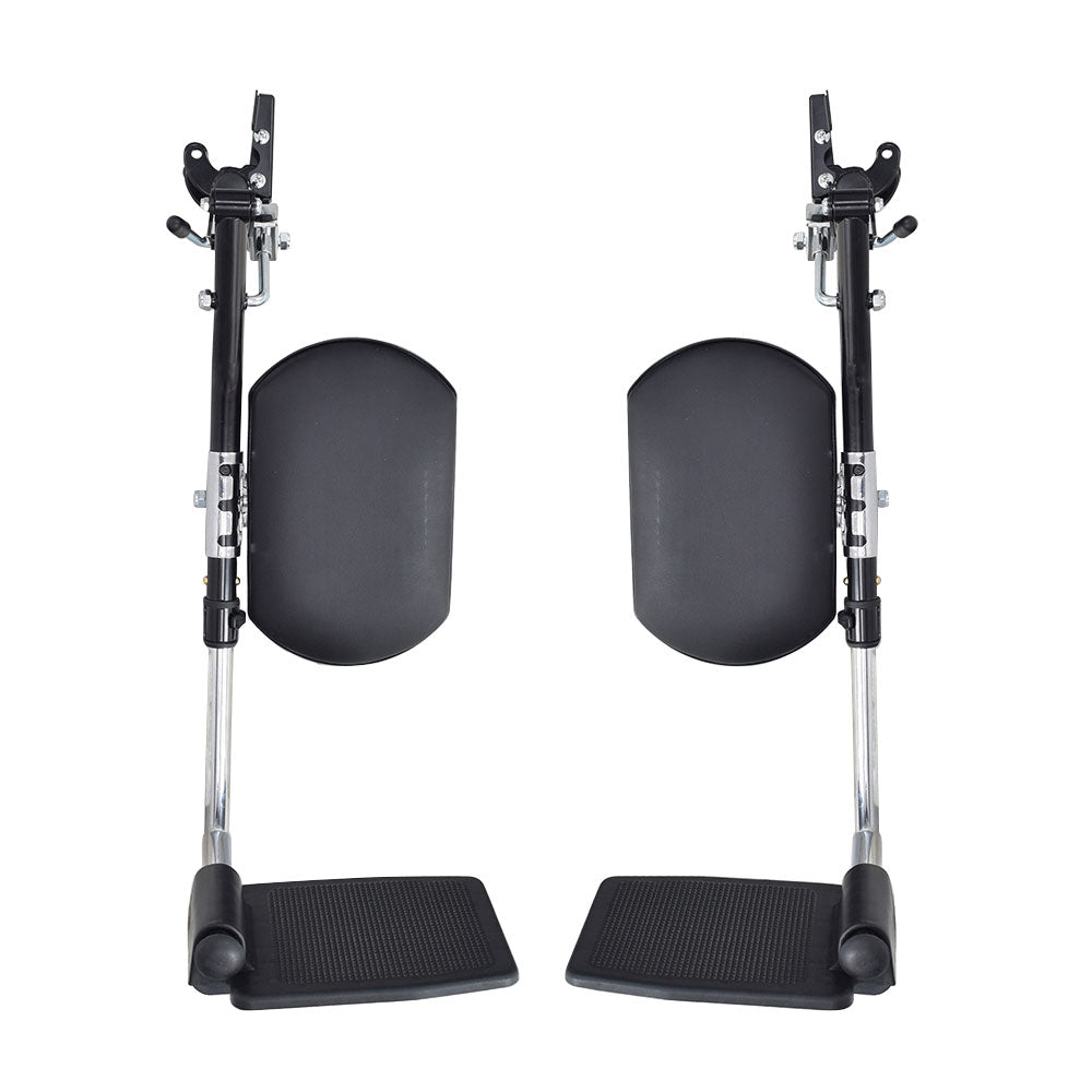 Drive Medical Style Elevating Footrest & Leg Rest Assembly (Set of 2) showing two height-adjustable footrests with removable heel loops and six push-in ball & detent holes, designed for wheelchairs.