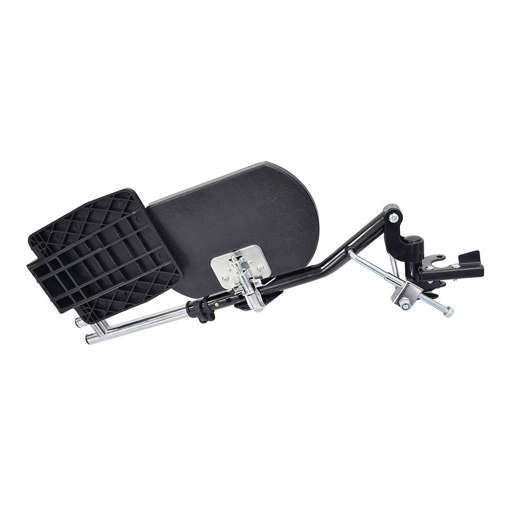 Drive Medical Style Elevating Footrest & Leg Rest Assembly (Set of 2), featuring black and silver adjustable components with removable heel loops, designed for wheelchair compatibility and cost-effective mobility support.