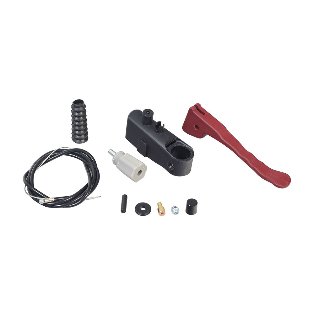 Right Handbrake Kit for the Drive Medical Nitro Tall Rollator, featuring a red handle, black metal cylinder, black cable with metal end, and various electrical components for assembly.