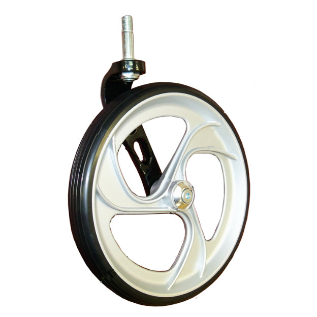 Right Wheel and Fork Assembly for Drive Medical Nitro Rollator, Drive Medical Nitro Hemi, and Drive Medical Nitro Tall, featuring a black rim and tire, essential for scooter and power chair maintenance.