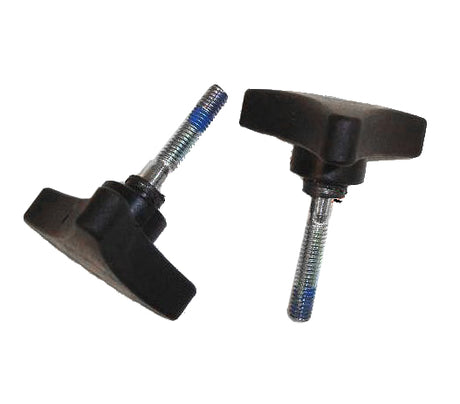 Pair of Height Adjustment Knobs for the Drive Medical Adjustable Height Rollator with 6 Casters, featuring two black plastic knobs and close-up views of screws.