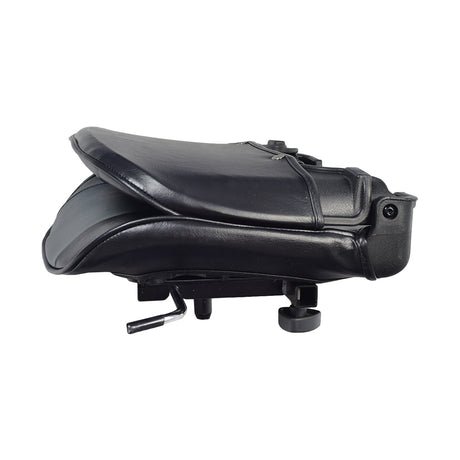 Deluxe Seat Assembly for the Drive Medical Spitfire Scout (SFSCOUT3/SFSCOUT4), featuring a black leather seat with wheels, metal handle, and close-up details of wheels and metal parts.