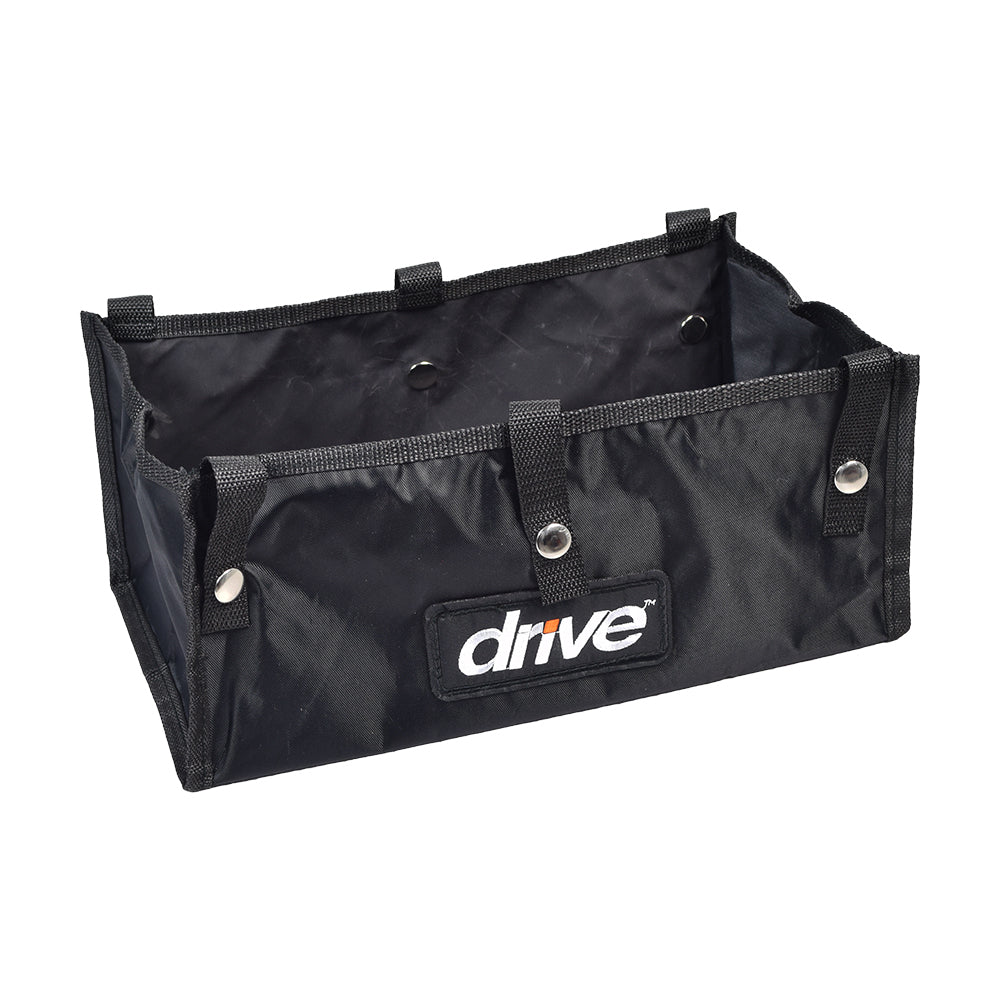 Under-Seat Tote Bag for Drive Medical Rollators 726, 728, & 10261, black with snap-on straps, close-up of logo, designed for attaching under rollator seats to store personal items securely.