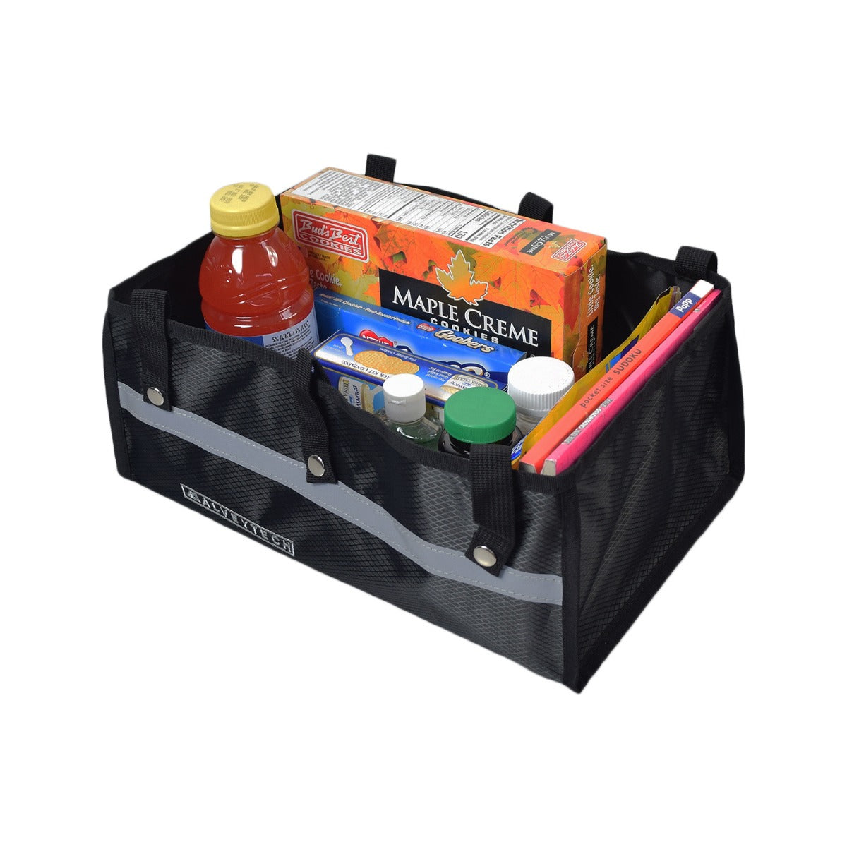 Under-Seat Tote Bag for Drive Medical Rollators 726, 728, & 10261, black bag containing various food items, snap-on straps secure it to rollator cross-bars, open-top design for easy access.