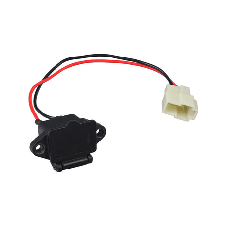 Charger Port for Drive Medical ZooMe R3 (R318CS), featuring a black electronic device with visible red and white wires, and a close-up of the plug. Essential for maintaining scooter functionality.