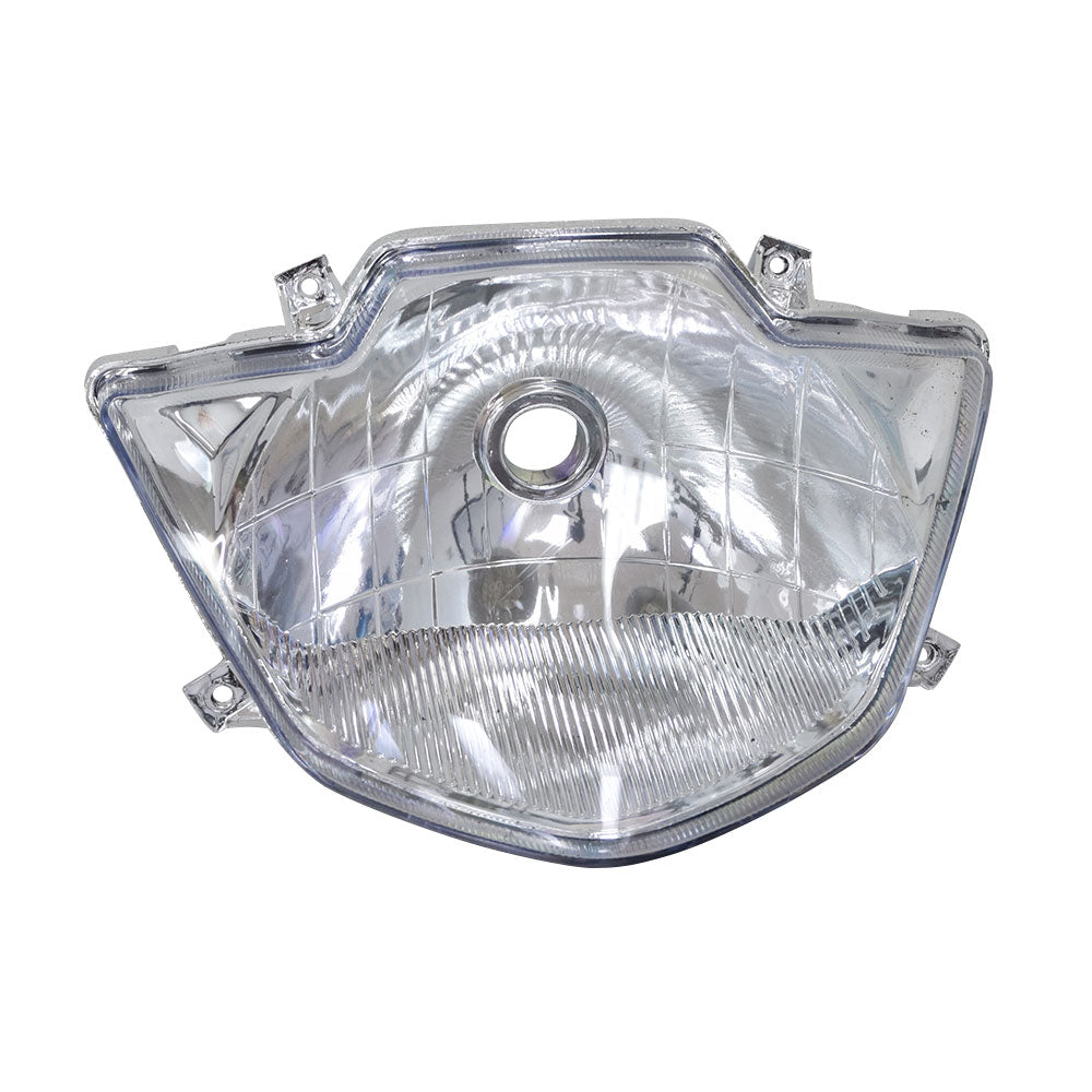 Headlight for eWheels EW-36 & EW-36 Elite Scooters, featuring a clear lens, wire harness, and bulb holder, depicted in a close-up with a hole in the center and visible metal components.