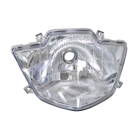 Headlight for eWheels EW-36 & EW-36 Elite Scooters, featuring a clear lens, wire harness, and bulb holder, depicted in a close-up with a hole in the center and visible metal components.