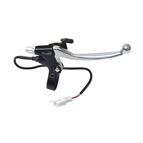 Original Right Brake Lever for the Drive ZooMe R3 (R318CS) Mobility Scooter, featuring a polished metal handle and a visible two-wire connector, close-up view.